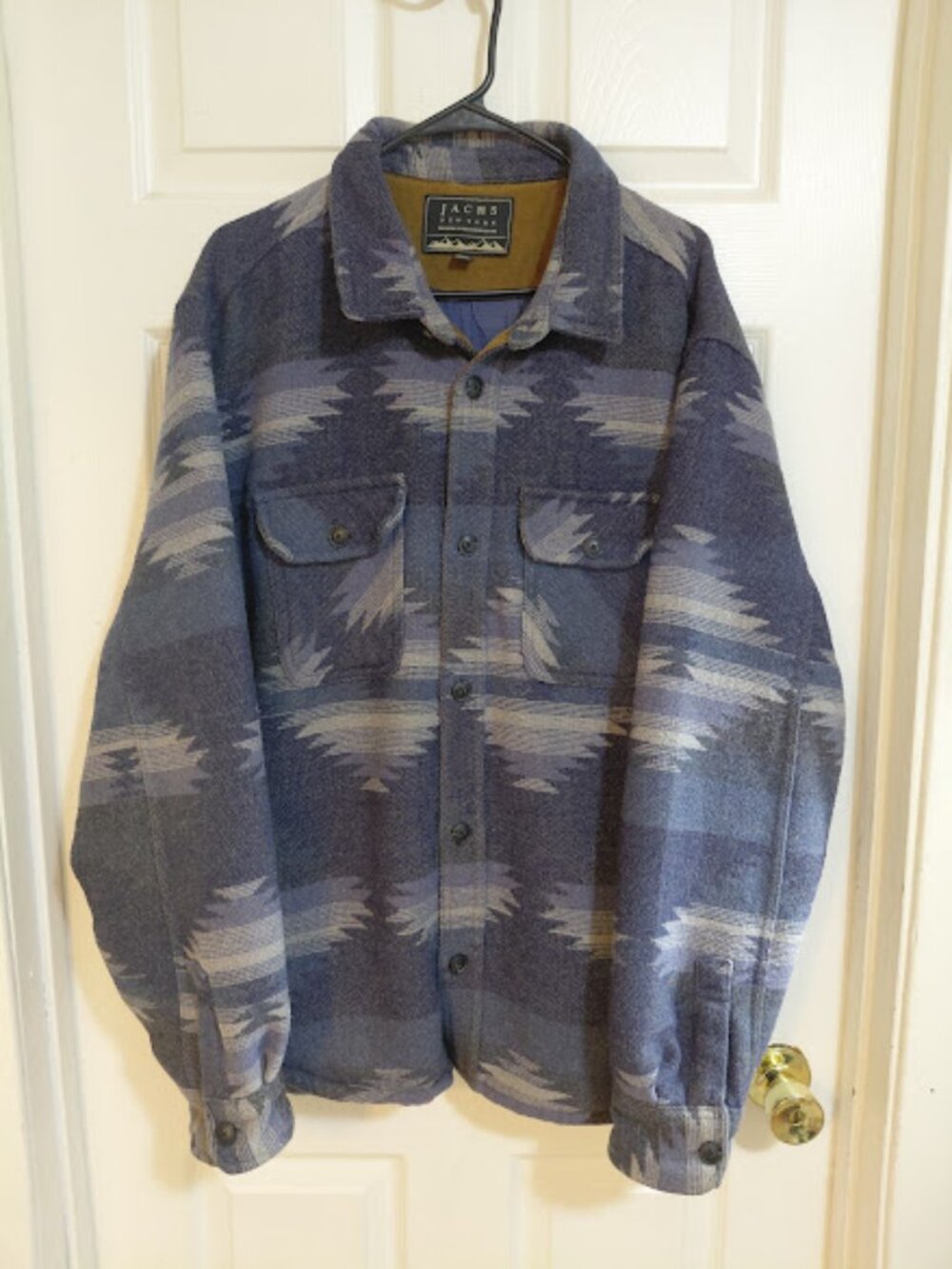 Jachs NY Mens Navy Blue Wool Blend Aztec Southwestern Lined Button Down Jacket